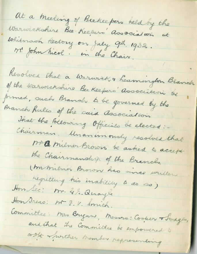Original record of the Setting up of Warwick and Leamington Branch of Warwickshire Beekeepers Association