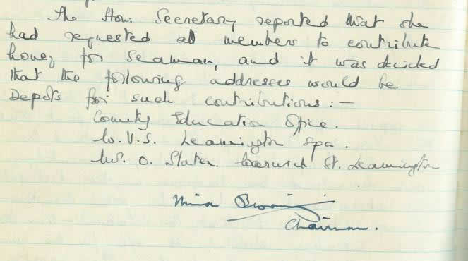 Original record of the request for Branch members to donate honey to Seamen during the war.